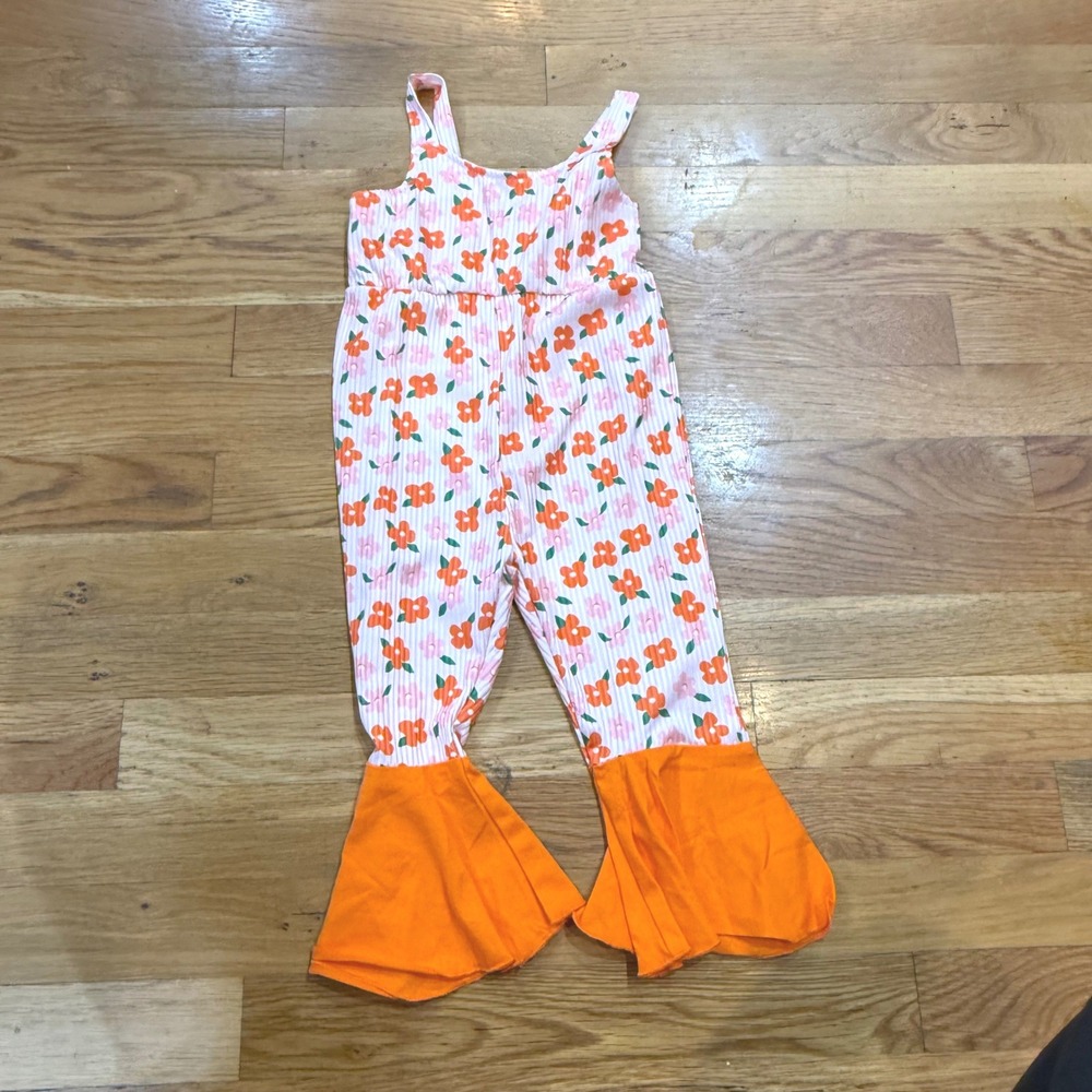 Floral Bell Bottom Jumpsuit Orange Pink Ribbed Flare Romper 12-18M